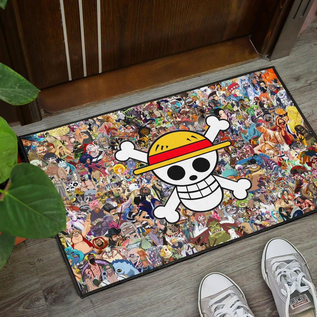 One Piece Anime Door Mat - Full Characters Background Big Skull Pirate Symbol Door Mat