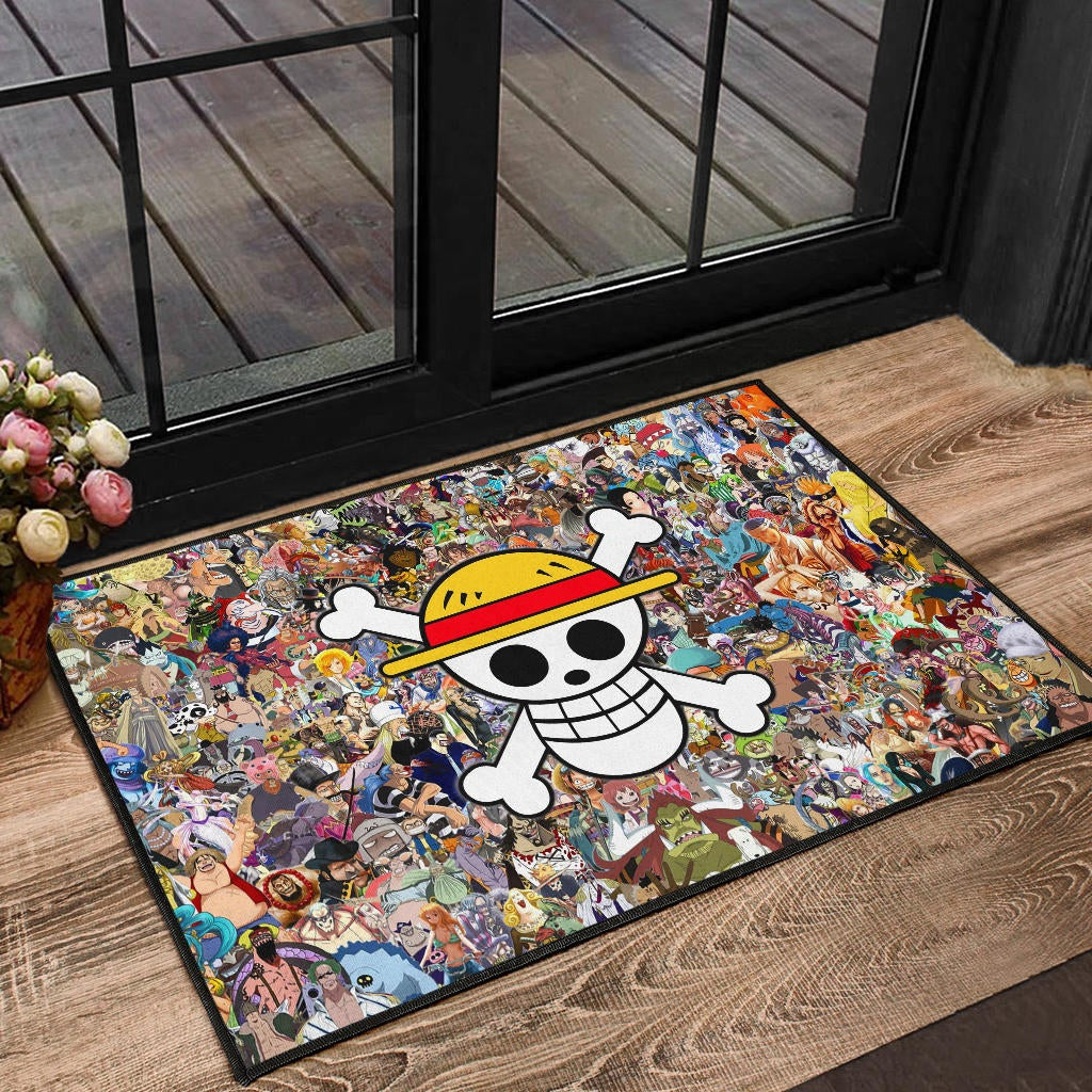 One Piece Anime Door Mat - Full Characters Background Big Skull Pirate Symbol Door Mat