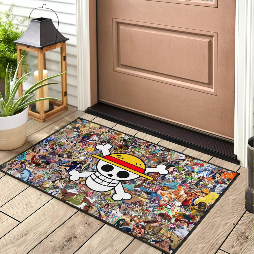 One Piece Anime Door Mat - Full Characters Background Big Skull Pirate Symbol Door Mat