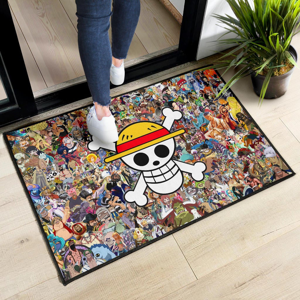 One Piece Anime Door Mat - Full Characters Background Big Skull Pirate Symbol Door Mat