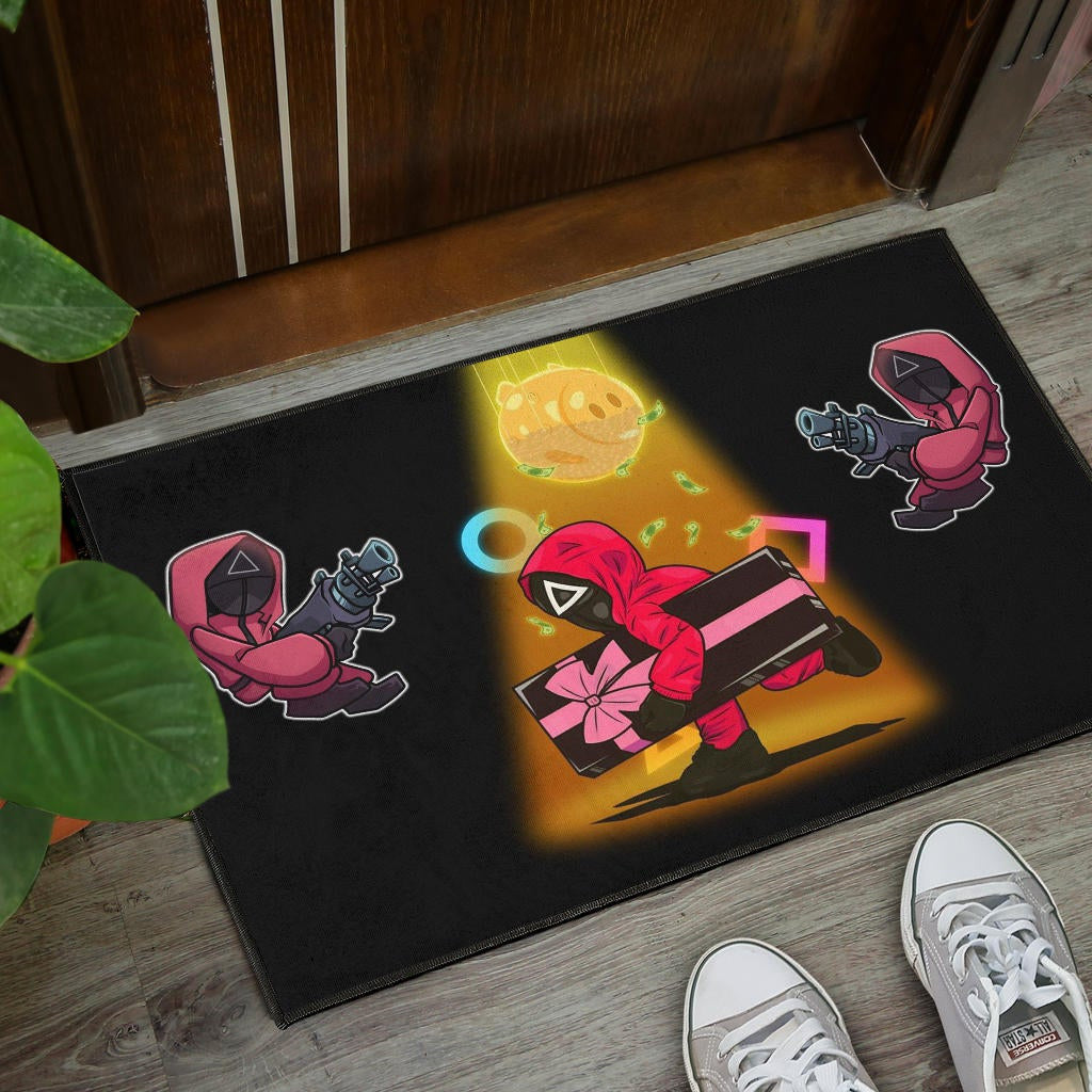 Squid Game Movie Door Mat Red Squid Worker Stealing Gift Golden Money Pig Door Mat Home Decor