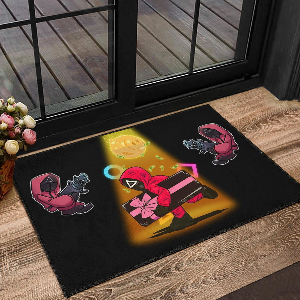 Squid Game Movie Door Mat Red Squid Worker Stealing Gift Golden Money Pig Door Mat Home Decor