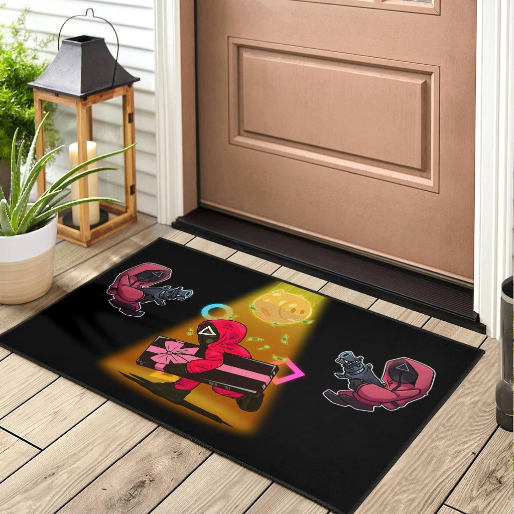 Squid Game Movie Door Mat Red Squid Worker Stealing Gift Golden Money Pig Door Mat Home Decor