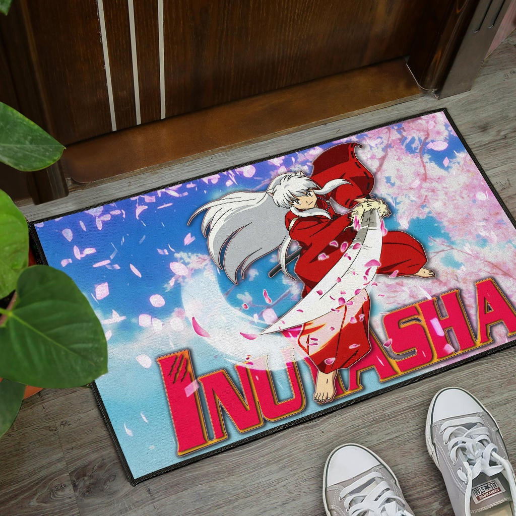 Inuyasha Anime Door Mat Inuyasha Using Sword Sakura Blossom Flower Flying Door Mat Home Decor