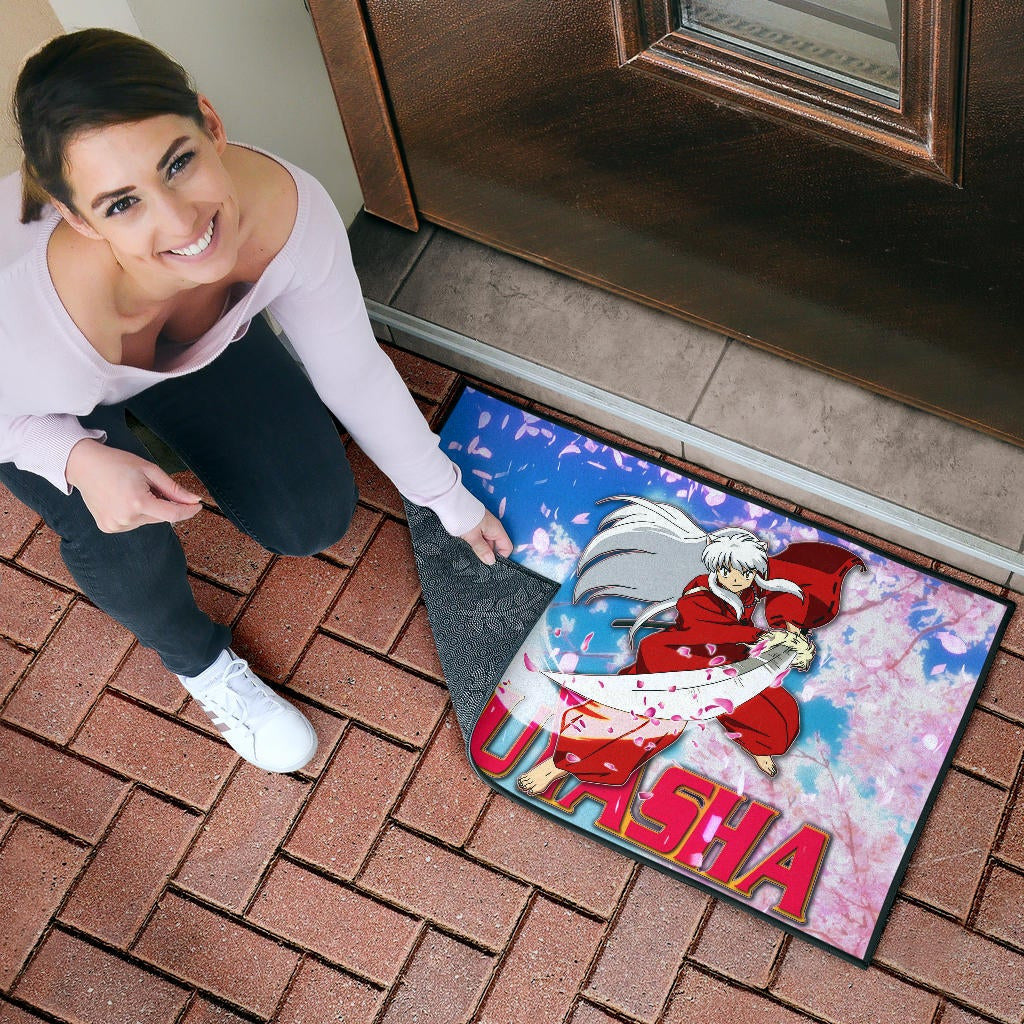 Inuyasha Anime Door Mat Inuyasha Using Sword Sakura Blossom Flower Flying Door Mat Home Decor