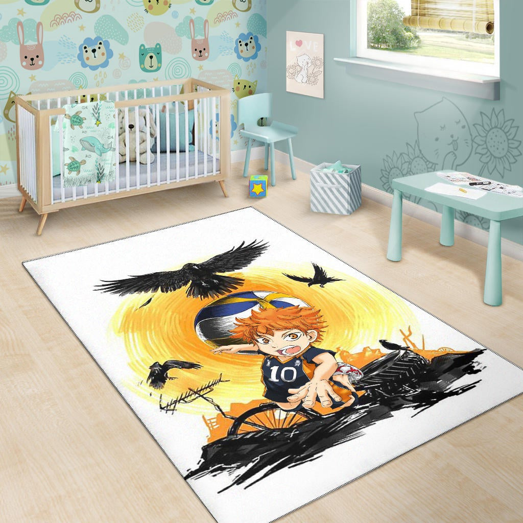Haikyuu Anime Area Rug - Chibi Shouyou Hinata 10 Playing Volleyball Black Ravens Rugs Home Decor
