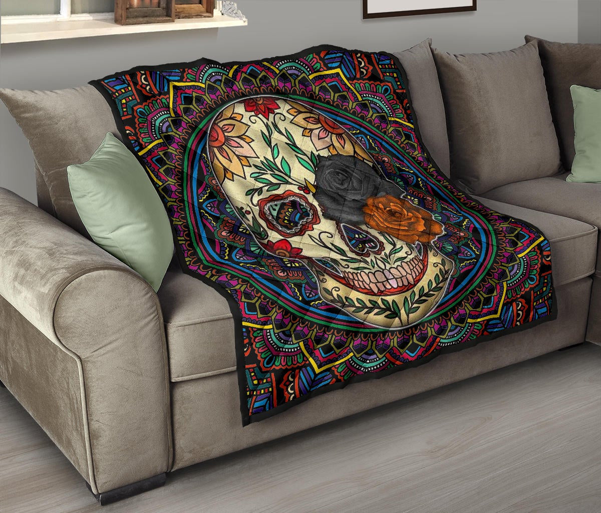 Valentine Premium Quilt - Colored Mandala Skull Background Roses