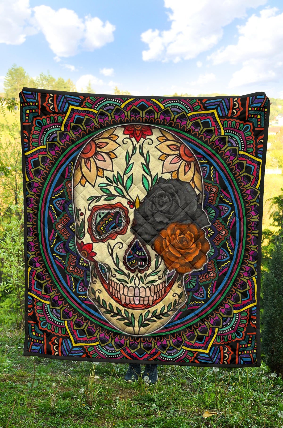 Valentine Premium Quilt - Colored Mandala Skull Background Roses