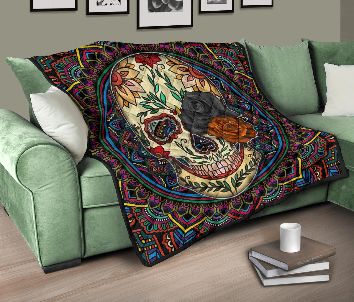 Valentine Premium Quilt - Colored Mandala Skull Background Roses