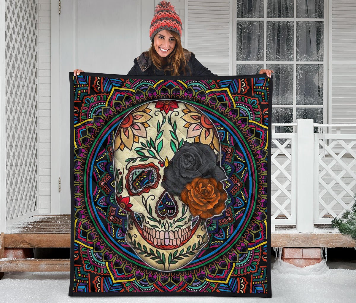 Valentine Premium Quilt - Colored Mandala Skull Background Roses