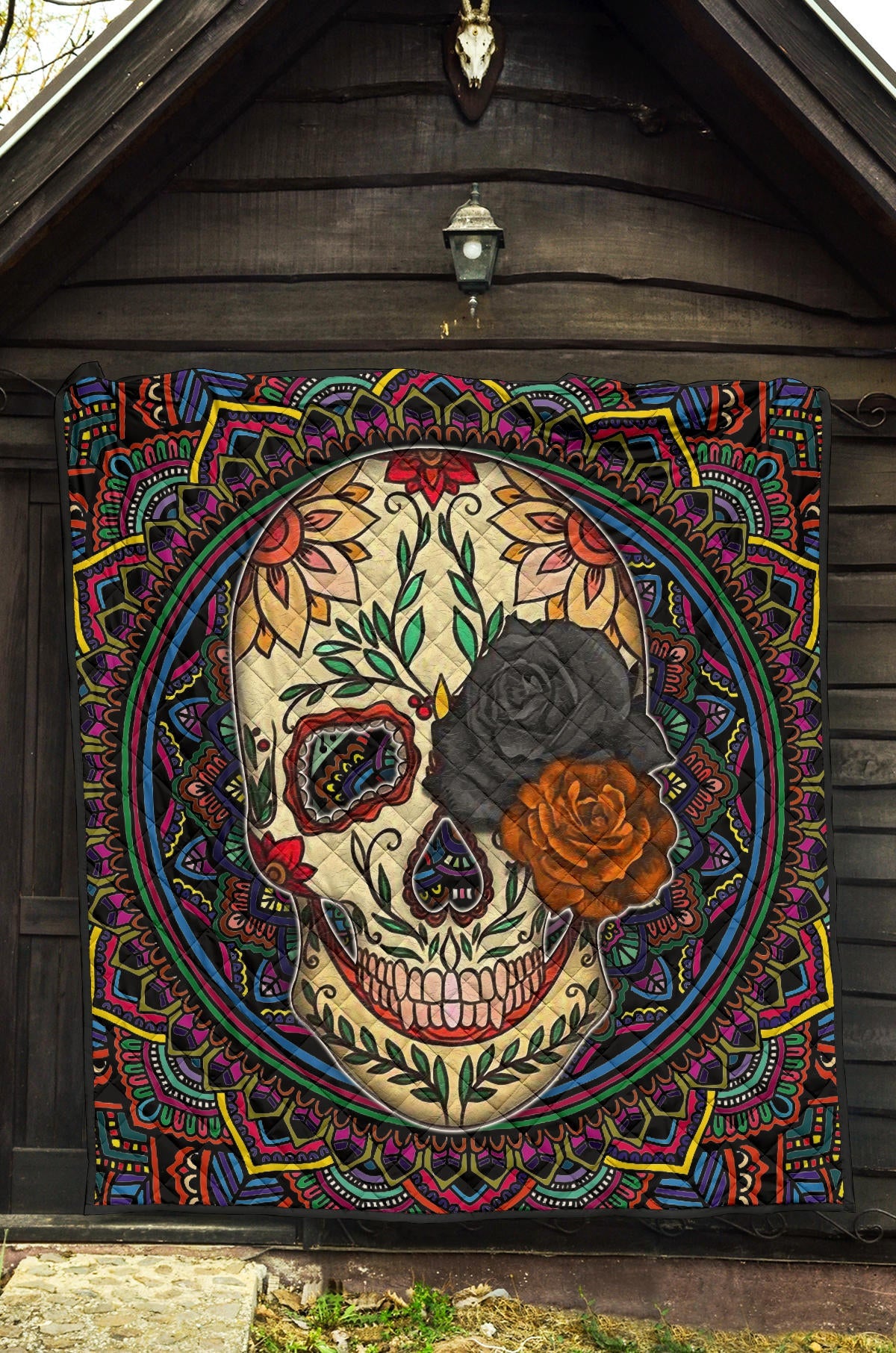 Valentine Premium Quilt - Colored Mandala Skull Background Roses