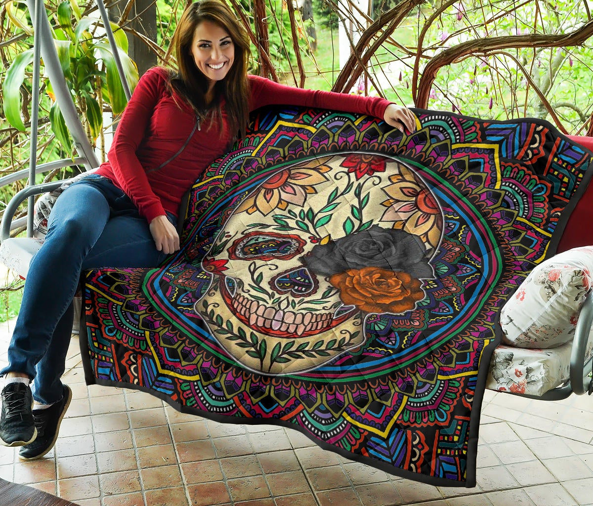 Valentine Premium Quilt - Colored Mandala Skull Background Roses