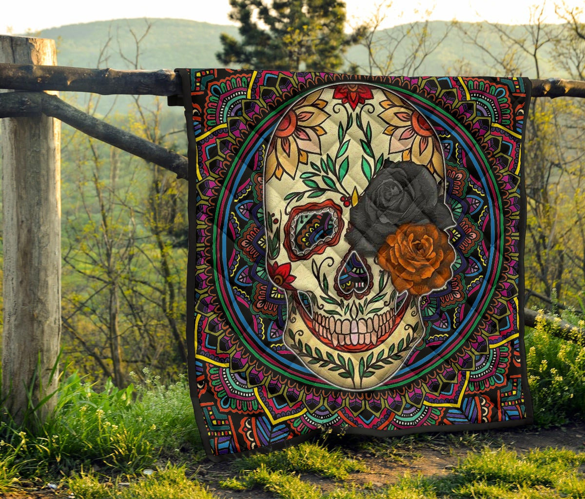 Valentine Premium Quilt - Colored Mandala Skull Background Roses