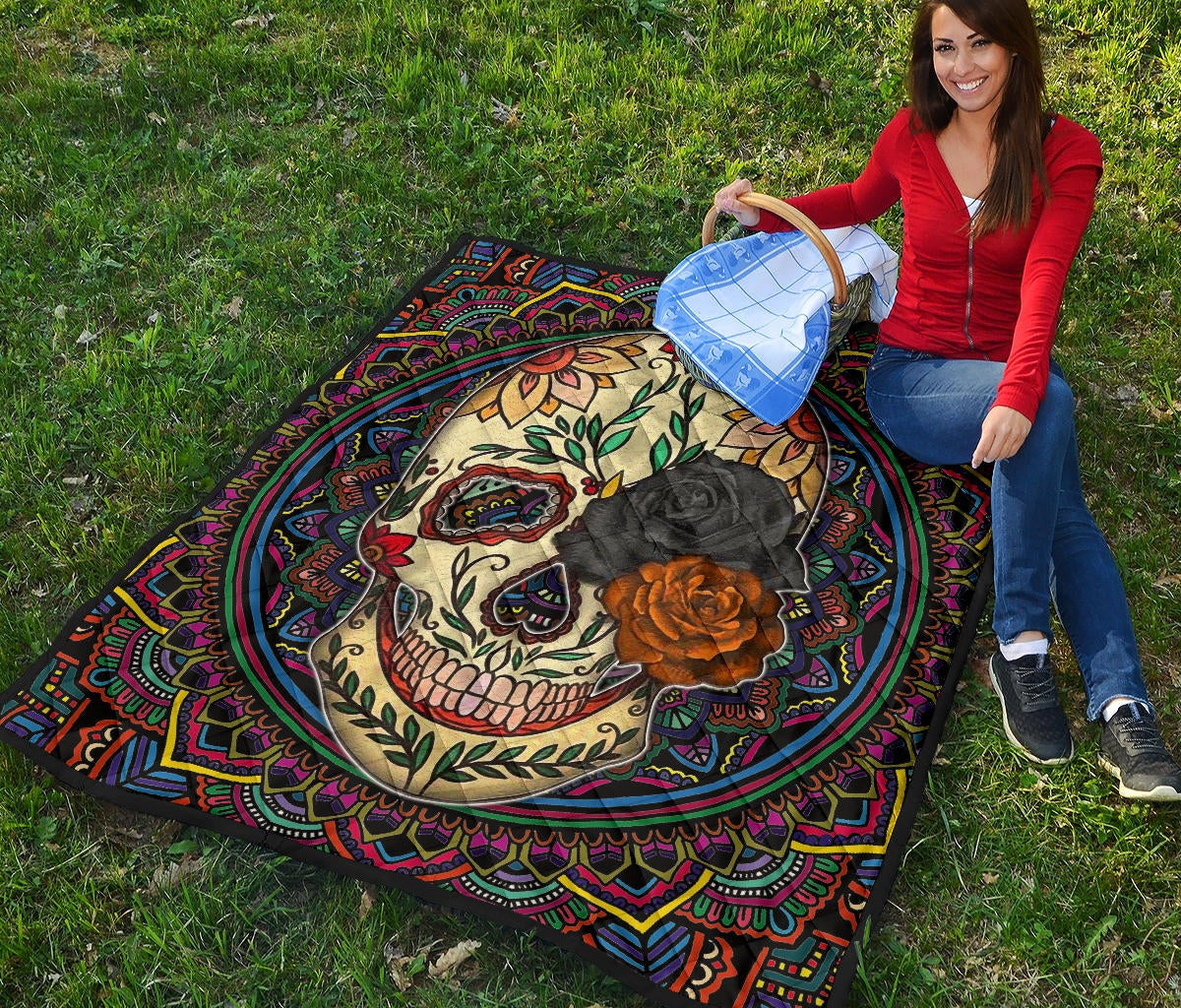 Valentine Premium Quilt - Colored Mandala Skull Background Roses