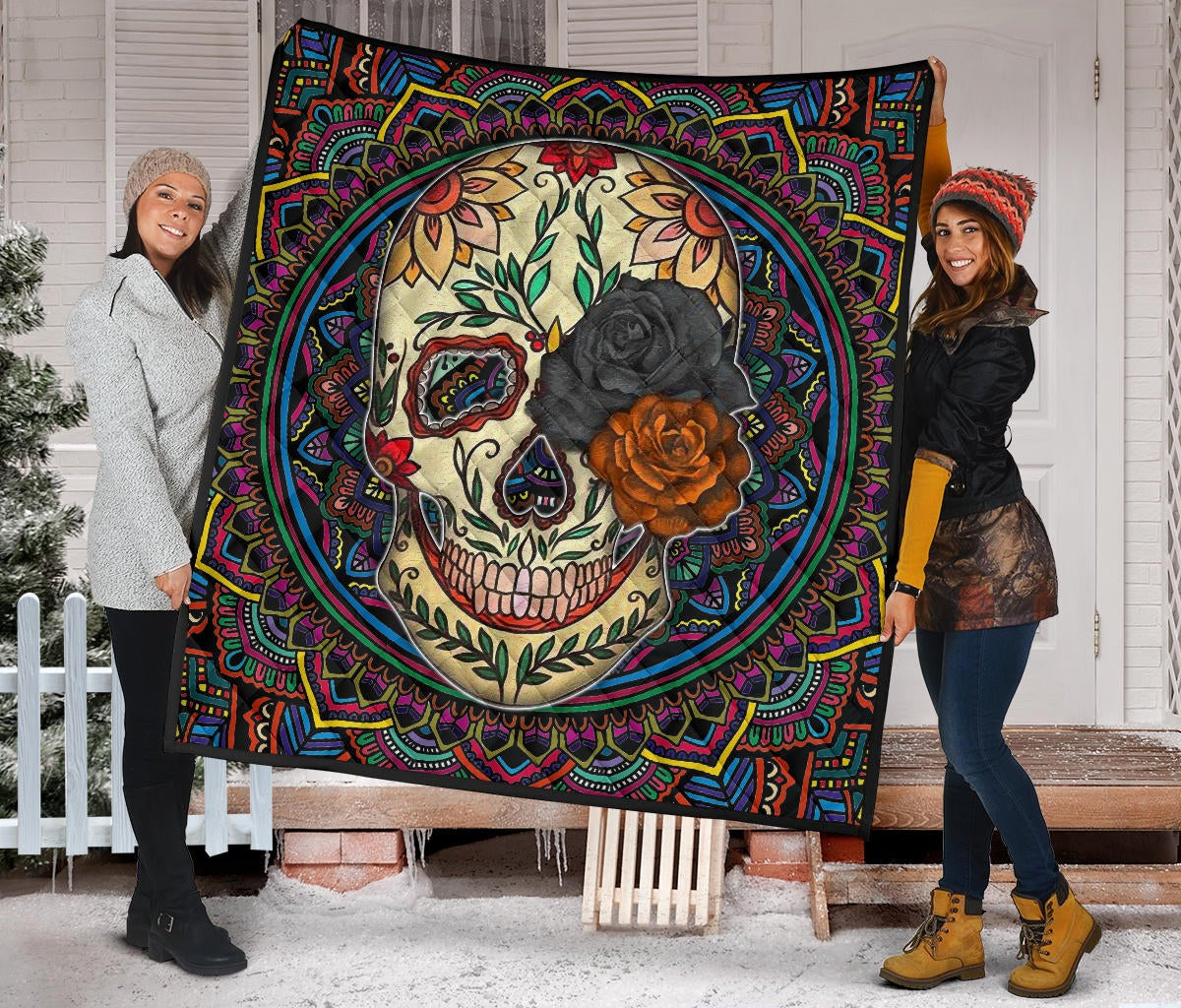 Valentine Premium Quilt - Colored Mandala Skull Background Roses