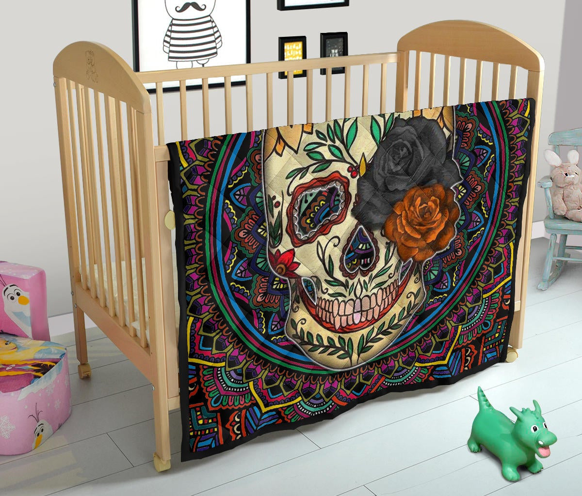 Valentine Premium Quilt - Colored Mandala Skull Background Roses
