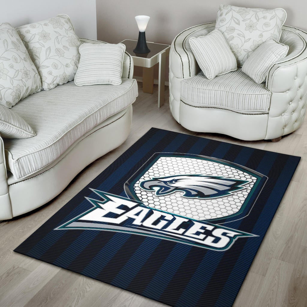 Philadelphia Eagles American Football Team Area Rug Eagle Head On The Shield Black And Blue Lines Rugs Home Decor