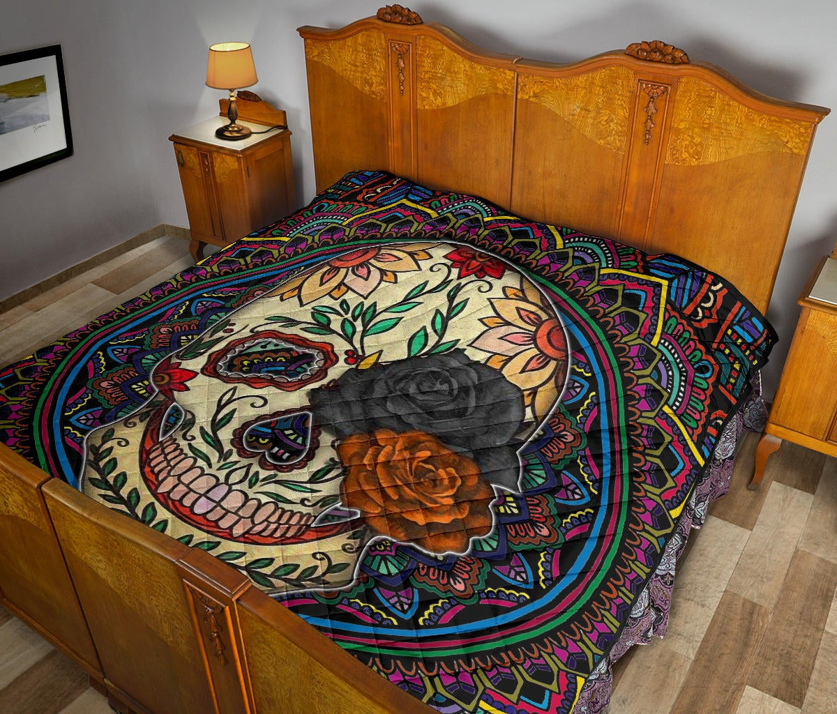 Valentine Premium Quilt - Colored Mandala Skull Background Roses