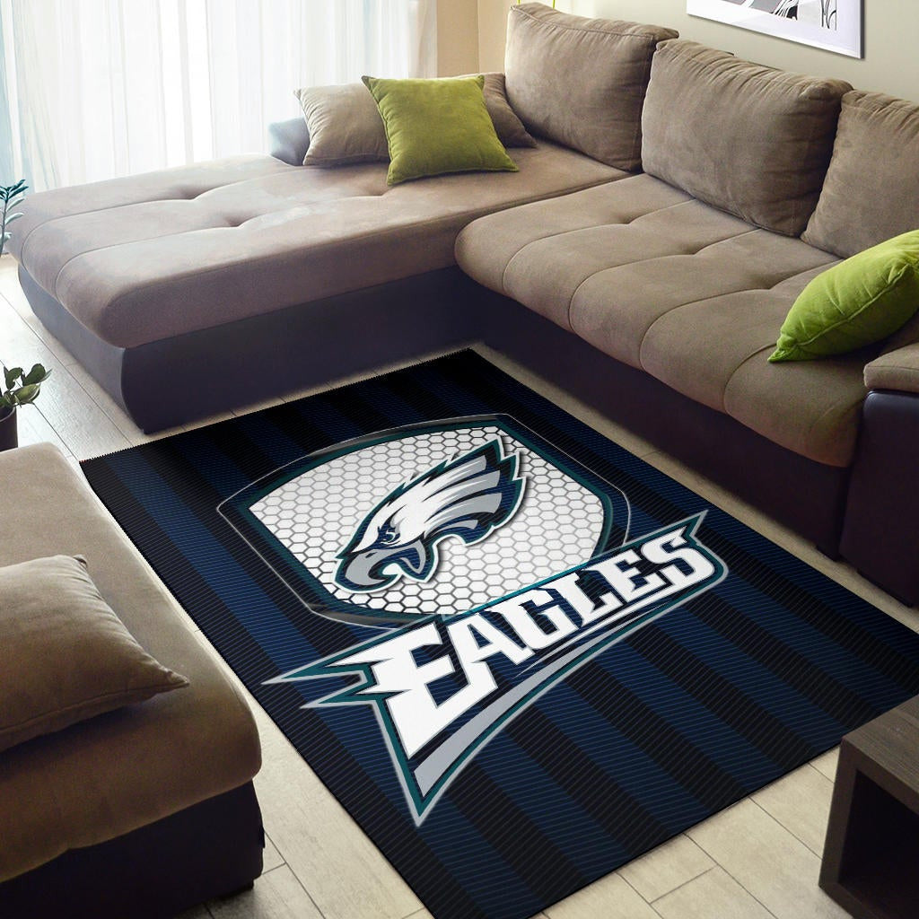 Philadelphia Eagles American Football Team Area Rug Eagle Head On The Shield Black And Blue Lines Rugs Home Decor