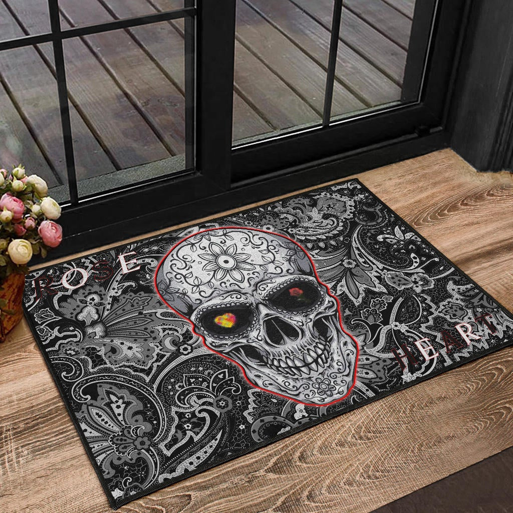 Valentine Door Mat - Tattooed Skull Rose Heart In Eyes Black White Pattern Door Mat Home Decor
