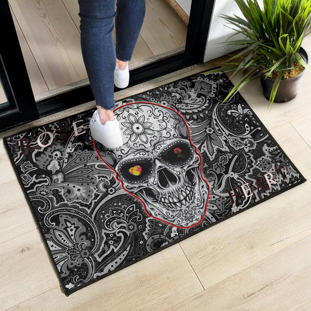 Valentine Door Mat - Tattooed Skull Rose Heart In Eyes Black White Pattern Door Mat Home Decor