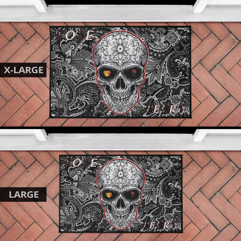 Valentine Door Mat - Tattooed Skull Rose Heart In Eyes Black White Pattern Door Mat Home Decor