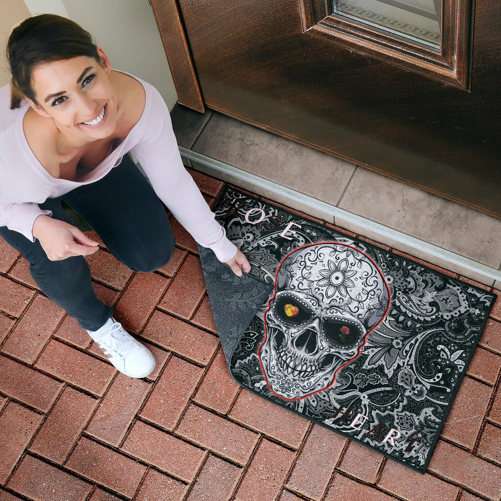 Valentine Door Mat - Tattooed Skull Rose Heart In Eyes Black White Pattern Door Mat Home Decor