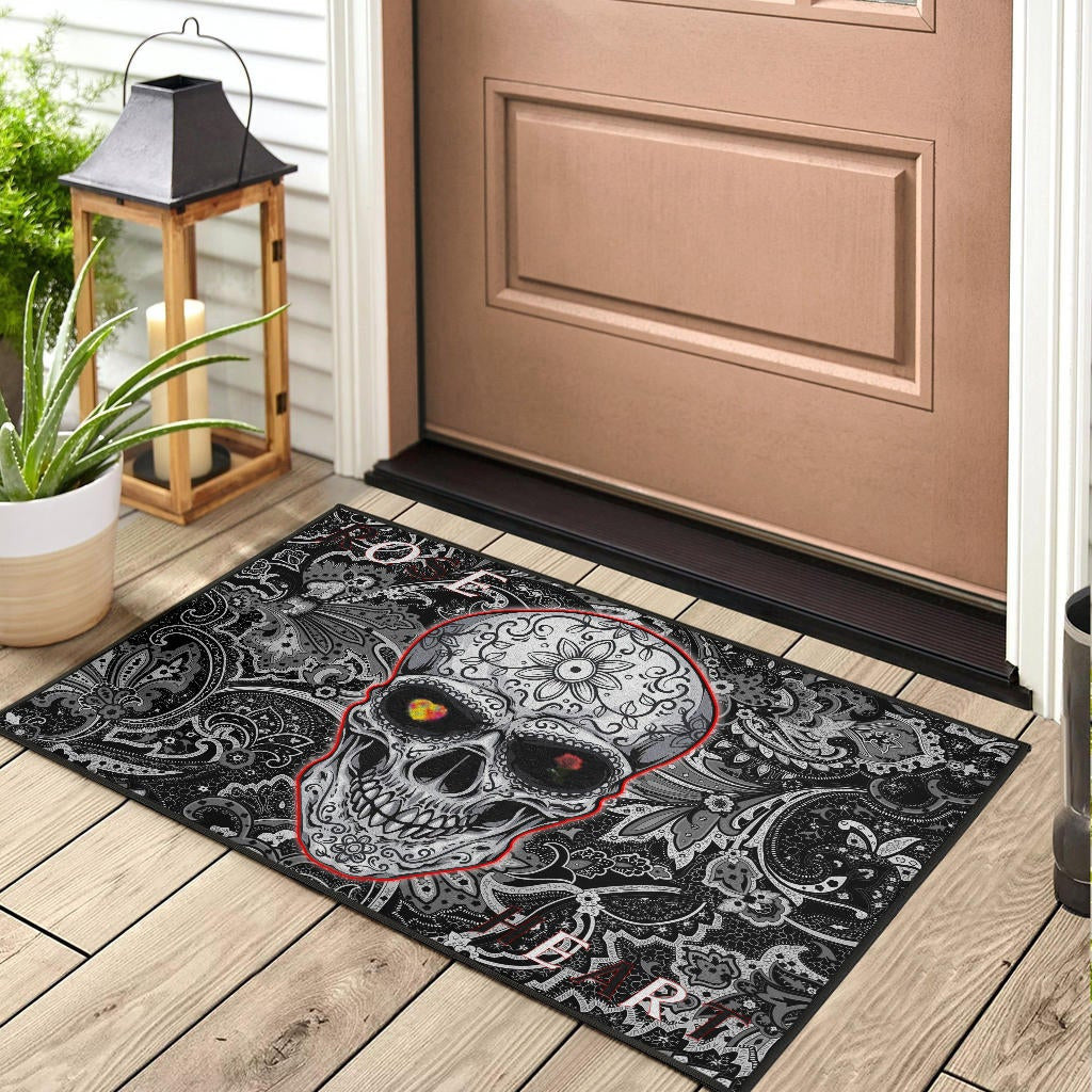 Valentine Door Mat - Tattooed Skull Rose Heart In Eyes Black White Pattern Door Mat Home Decor
