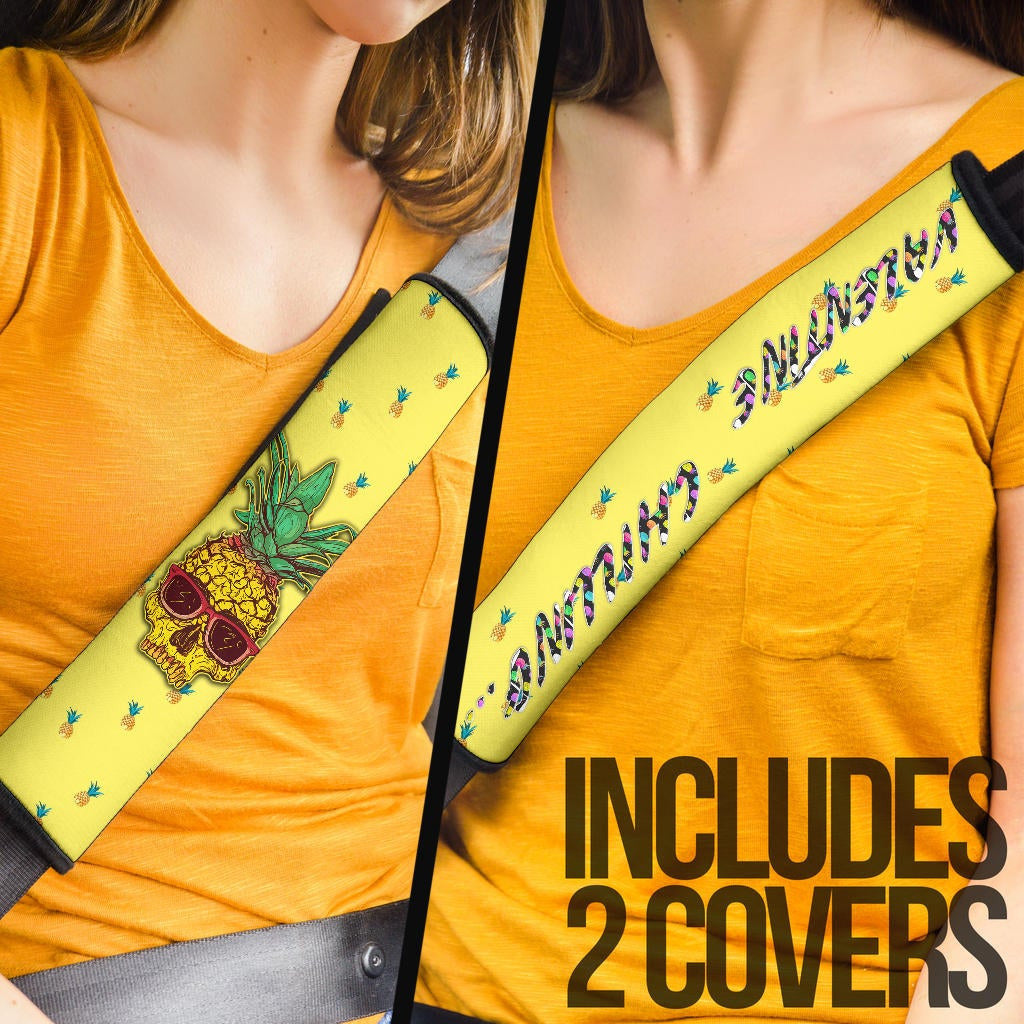 Valentine Seat Belt Covers Pineapple Skull Wearing Glasses Valentine Chilling Yellow Patterns Belt Covers