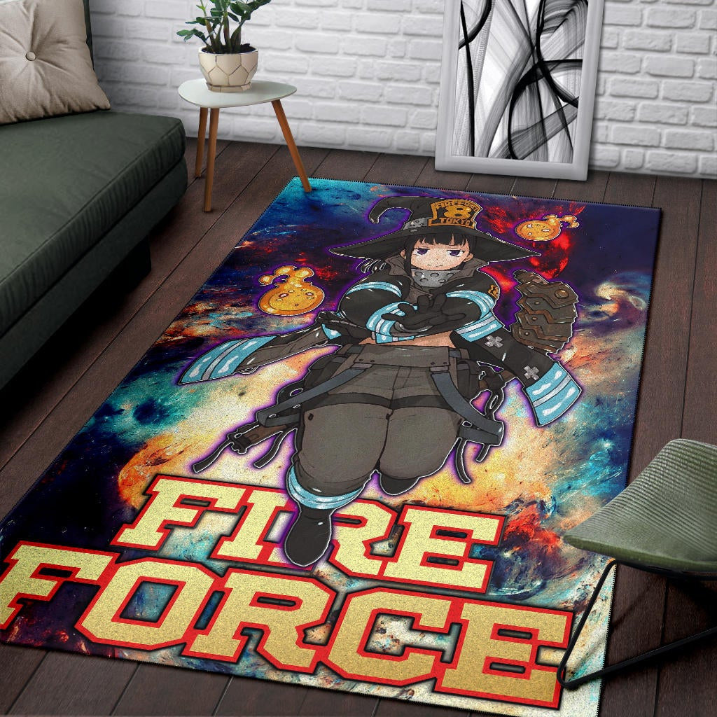 Fire Force Anime Area Rug Witch Maki Oze With Cute Baby Fire Artwork Galaxy Rugs Home Decor