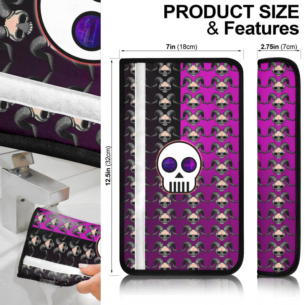 Valentine Seat Belt Covers - Chibi Skull Evil Horn Monster Patterns Purple And Black Belt Covers