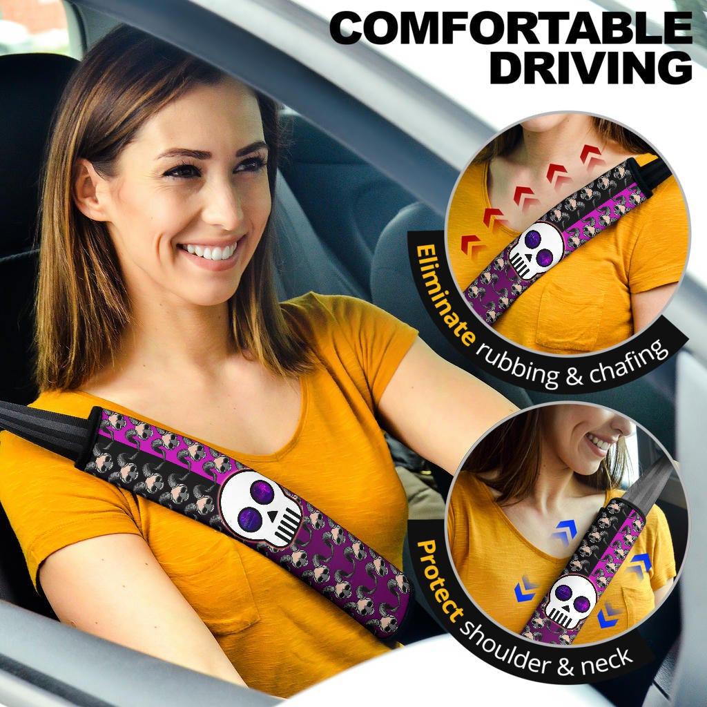 Valentine Seat Belt Covers - Chibi Skull Evil Horn Monster Patterns Purple And Black Belt Covers
