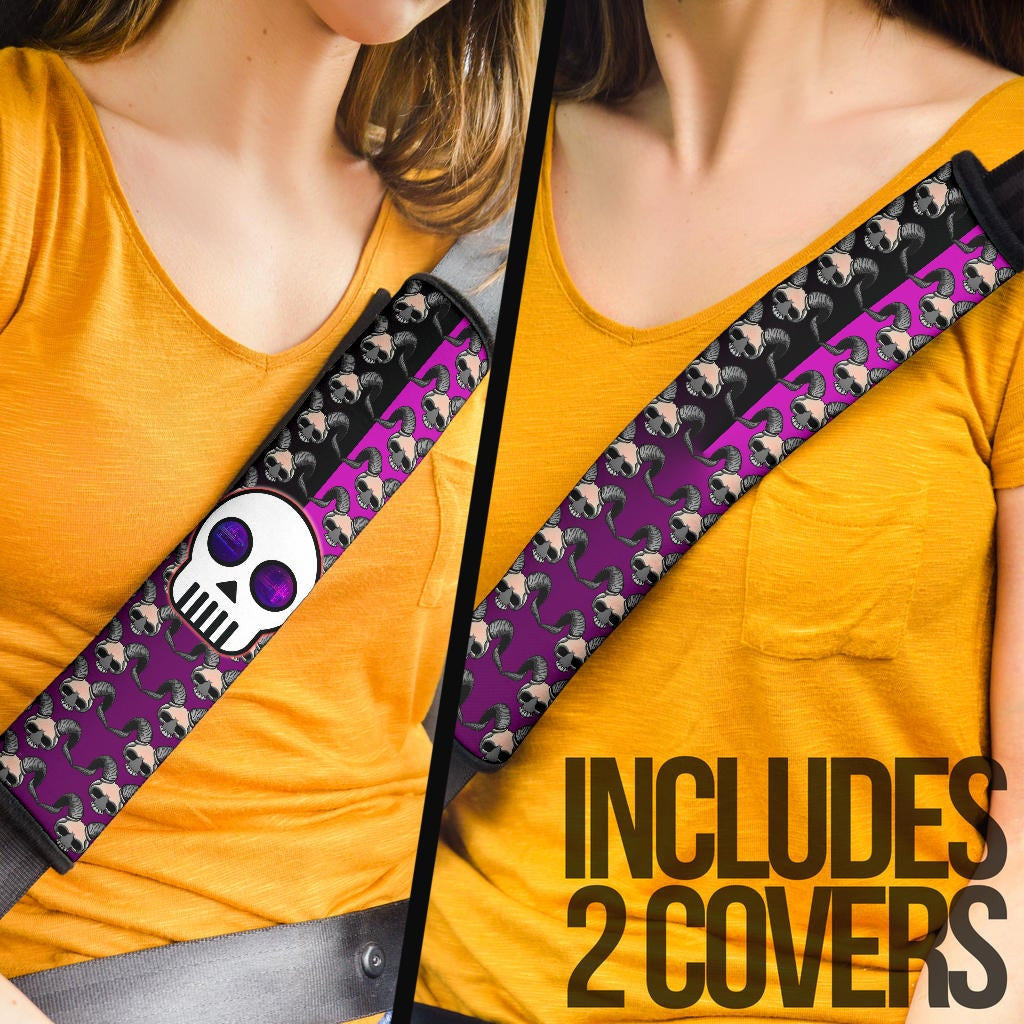 Valentine Seat Belt Covers - Chibi Skull Evil Horn Monster Patterns Purple And Black Belt Covers