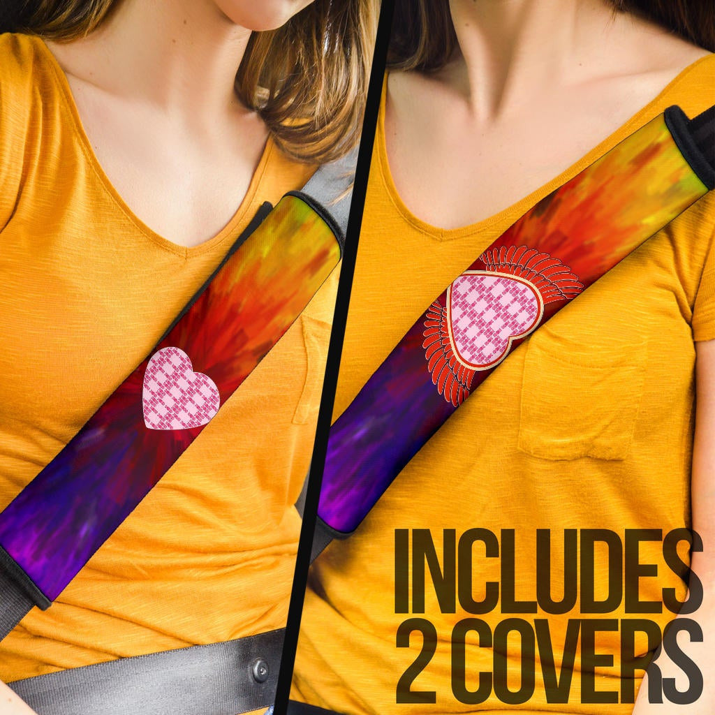 Valentine Seat Belt Covers Heart Wings Filled With XOXO Rainbow Background Belt Covers