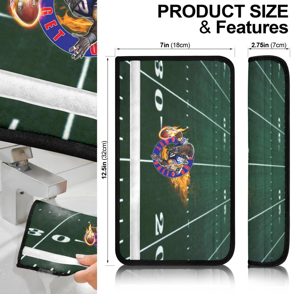 Buffalo Bills American Football Team Seat Belt Covers Player With Buffalo Head Holding Flaming Rugby Ball Belt Covers