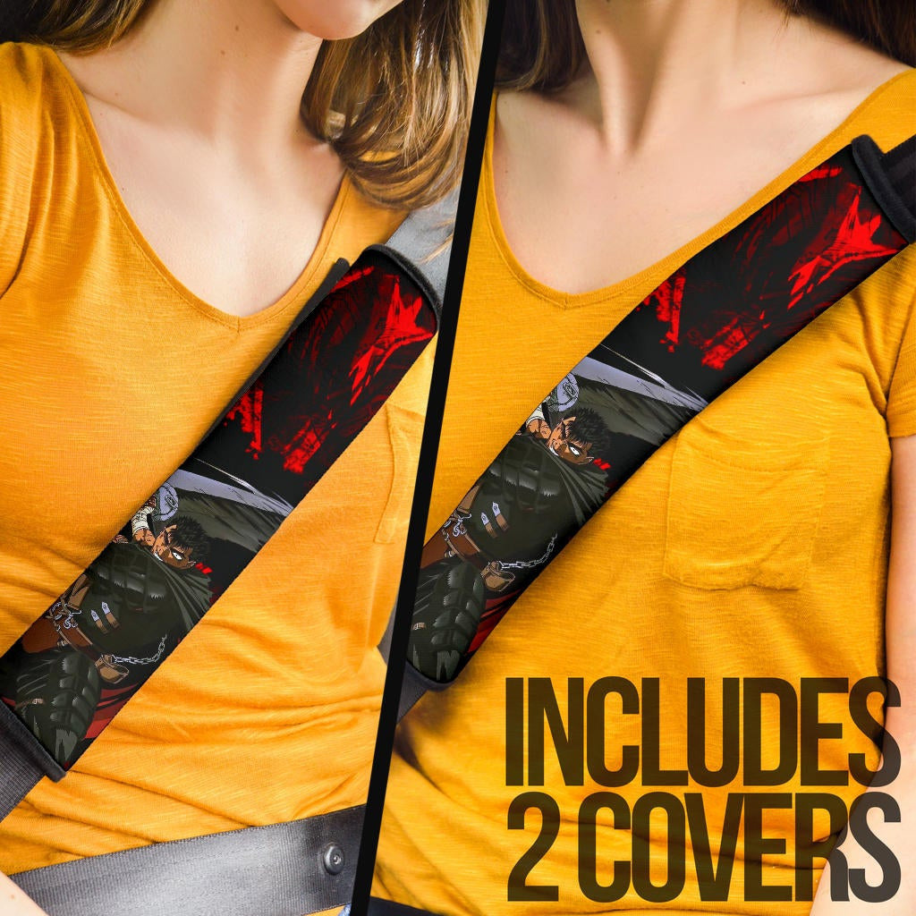 Berserk Anime Seat Belt Covers - Guts With Sword Fighting Red Eye Shadowing Belt Covers