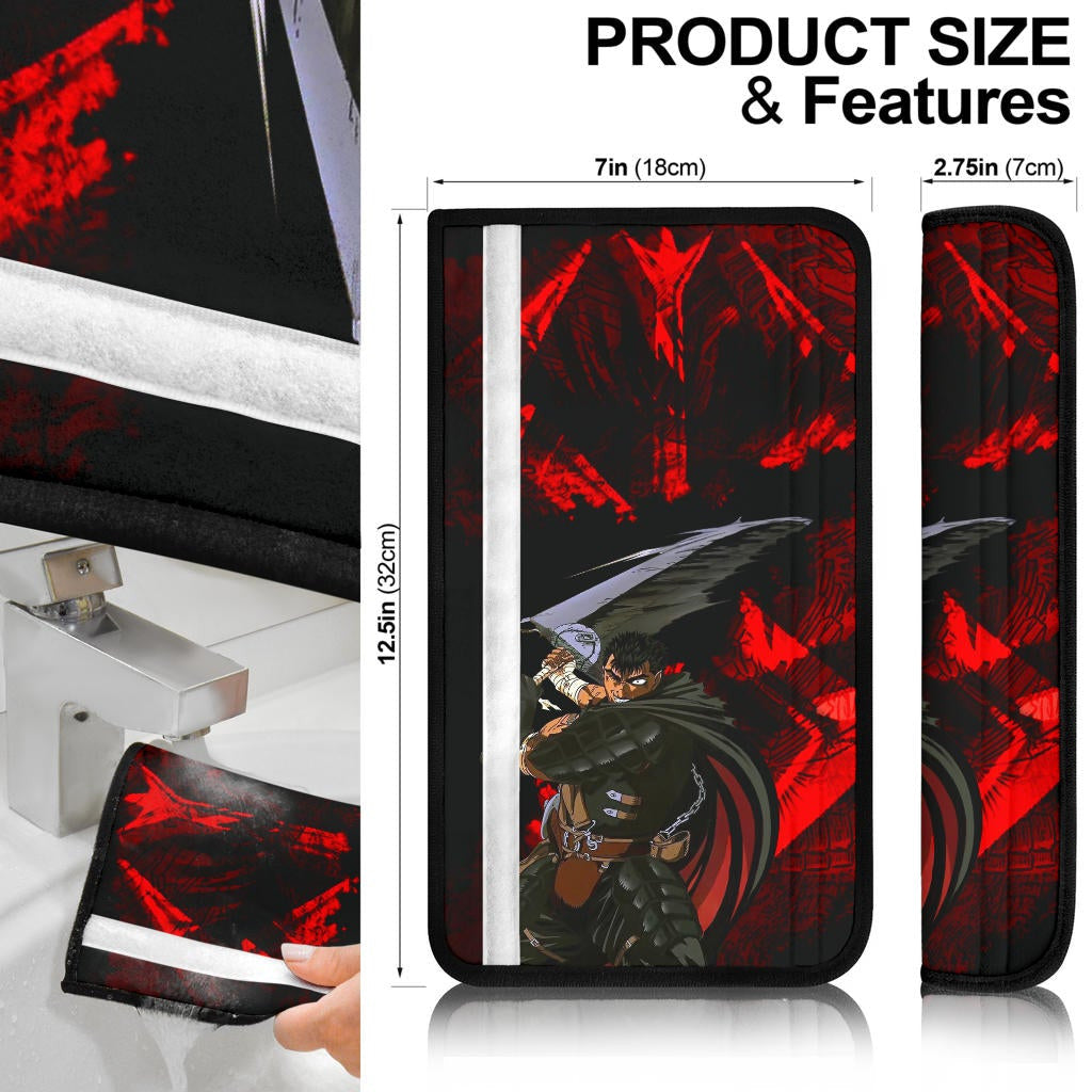 Berserk Anime Seat Belt Covers - Guts With Sword Fighting Red Eye Shadowing Belt Covers