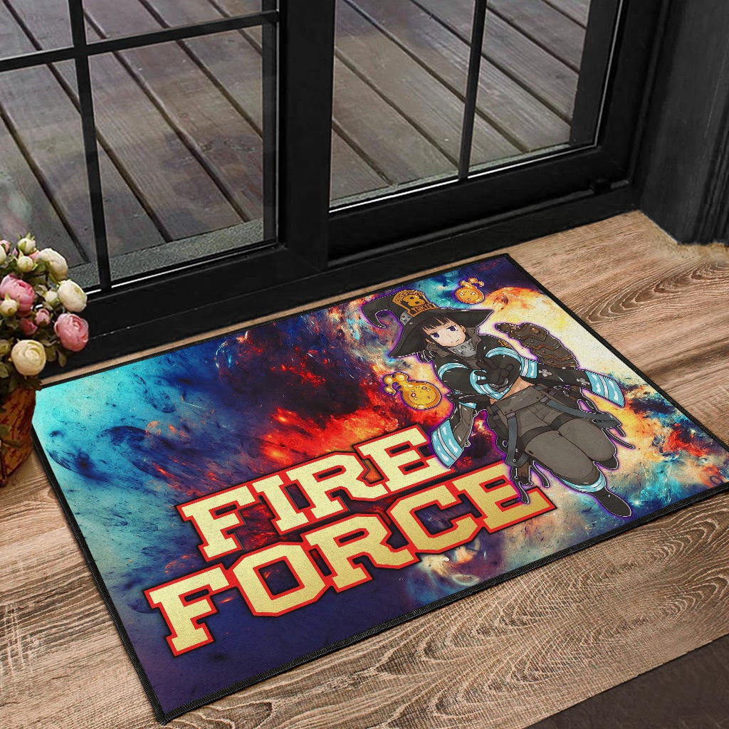 Fire Force Anime Door Mat Witch Maki Oze With Cute Baby Fire Artwork Galaxy Door Mat Home Decor