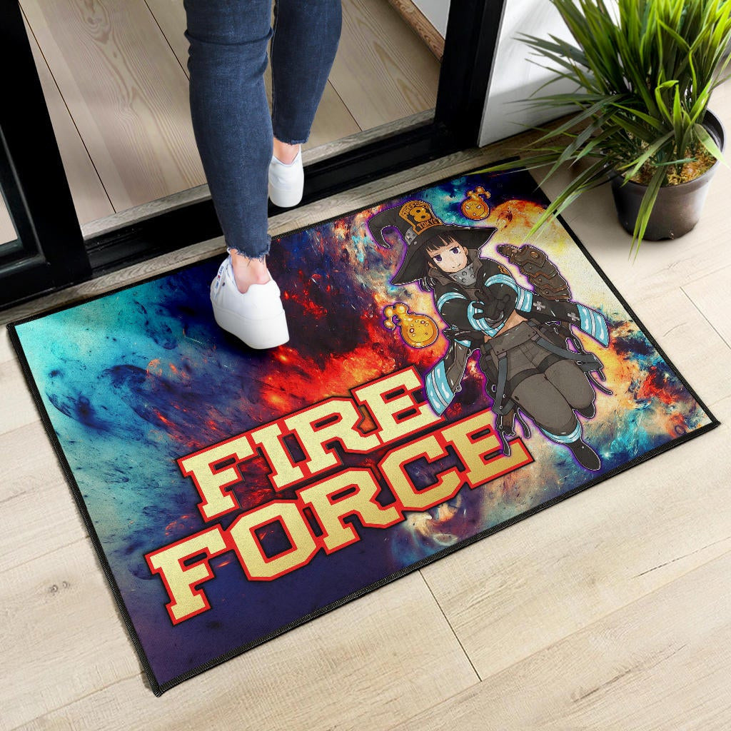 Fire Force Anime Door Mat Witch Maki Oze With Cute Baby Fire Artwork Galaxy Door Mat Home Decor