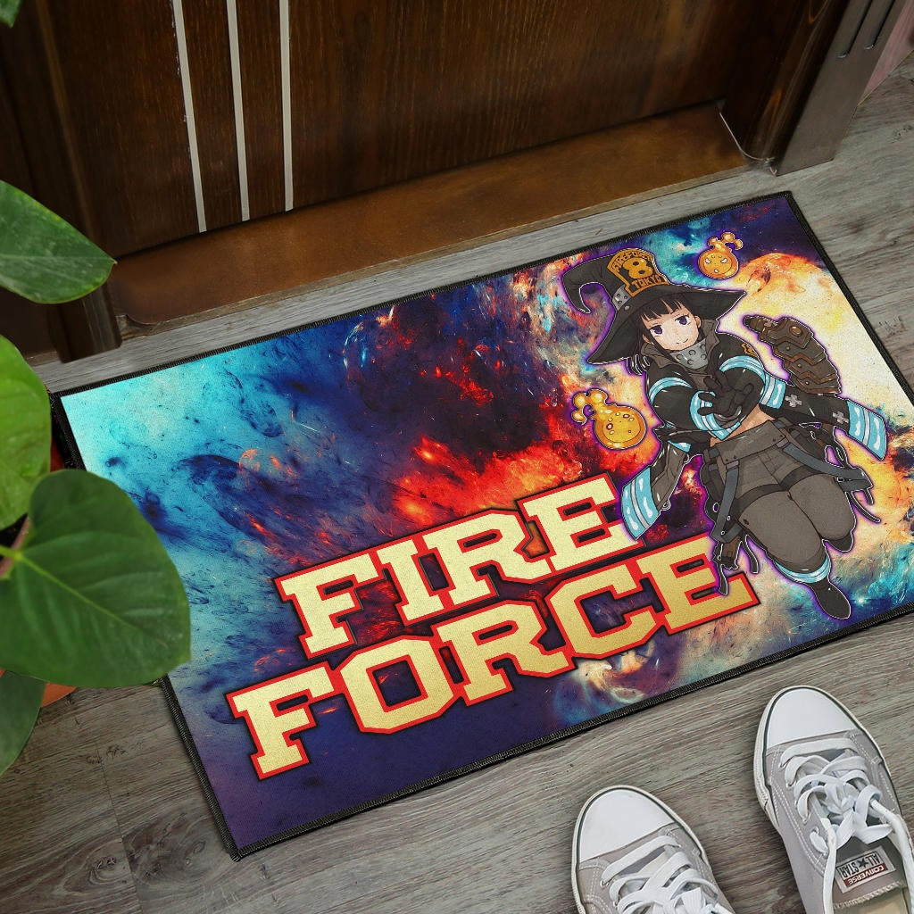 Fire Force Anime Door Mat Witch Maki Oze With Cute Baby Fire Artwork Galaxy Door Mat Home Decor