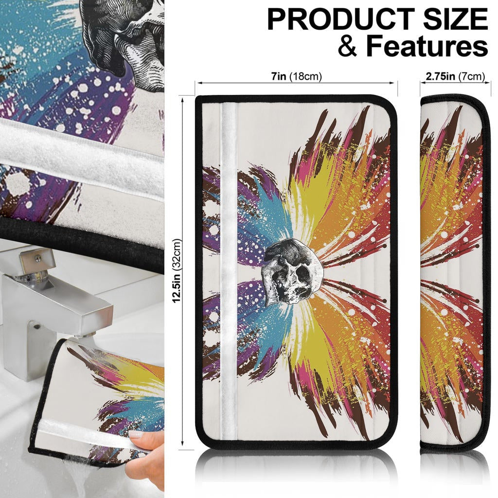 Skull Seat Belt Covers - Sickness Skull With Colorful Beautiful Butterfly Wings Belt Covers