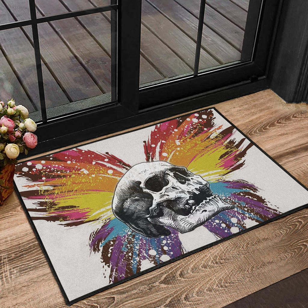 Skull Door Mat - Sickness Skull With Colorful Beautiful Butterfly Wings Door Mat