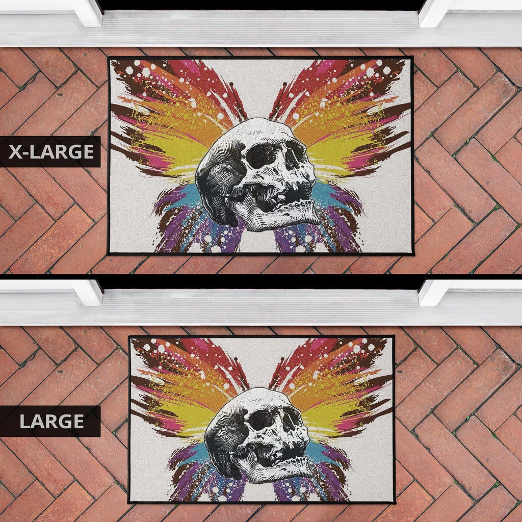 Skull Door Mat - Sickness Skull With Colorful Beautiful Butterfly Wings Door Mat