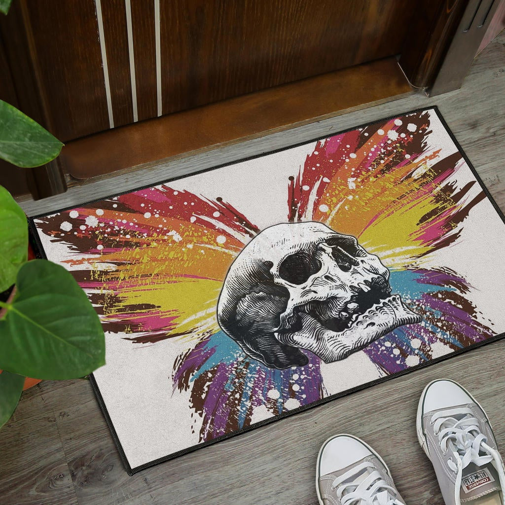 Skull Door Mat - Sickness Skull With Colorful Beautiful Butterfly Wings Door Mat