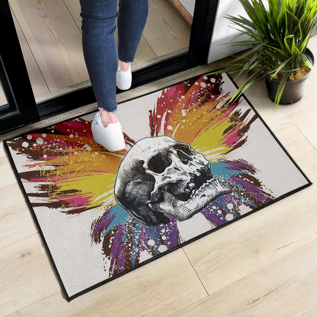 Skull Door Mat - Sickness Skull With Colorful Beautiful Butterfly Wings Door Mat