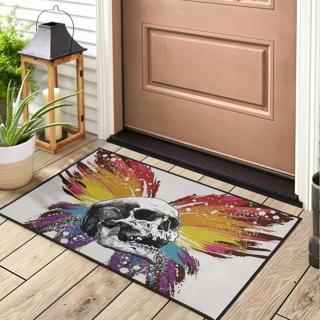 Skull Door Mat - Sickness Skull With Colorful Beautiful Butterfly Wings Door Mat