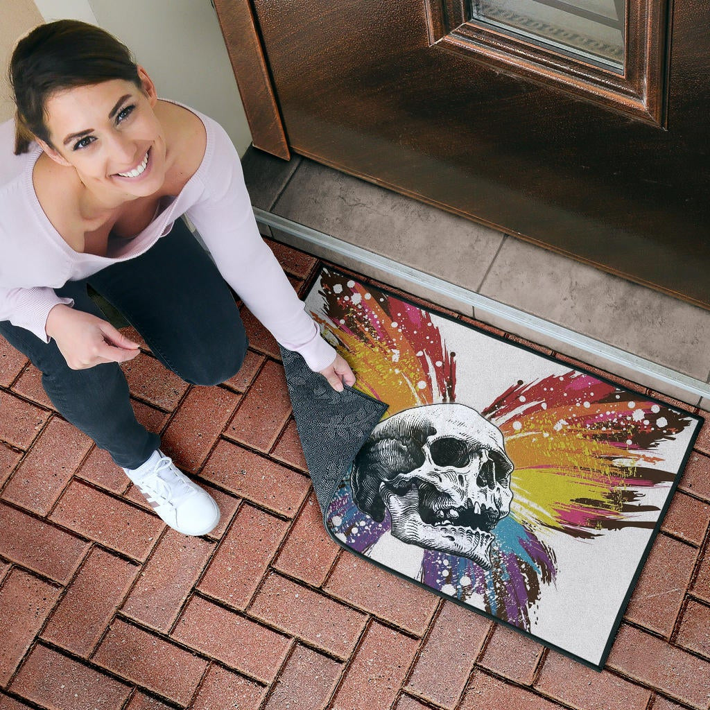 Skull Door Mat - Sickness Skull With Colorful Beautiful Butterfly Wings Door Mat