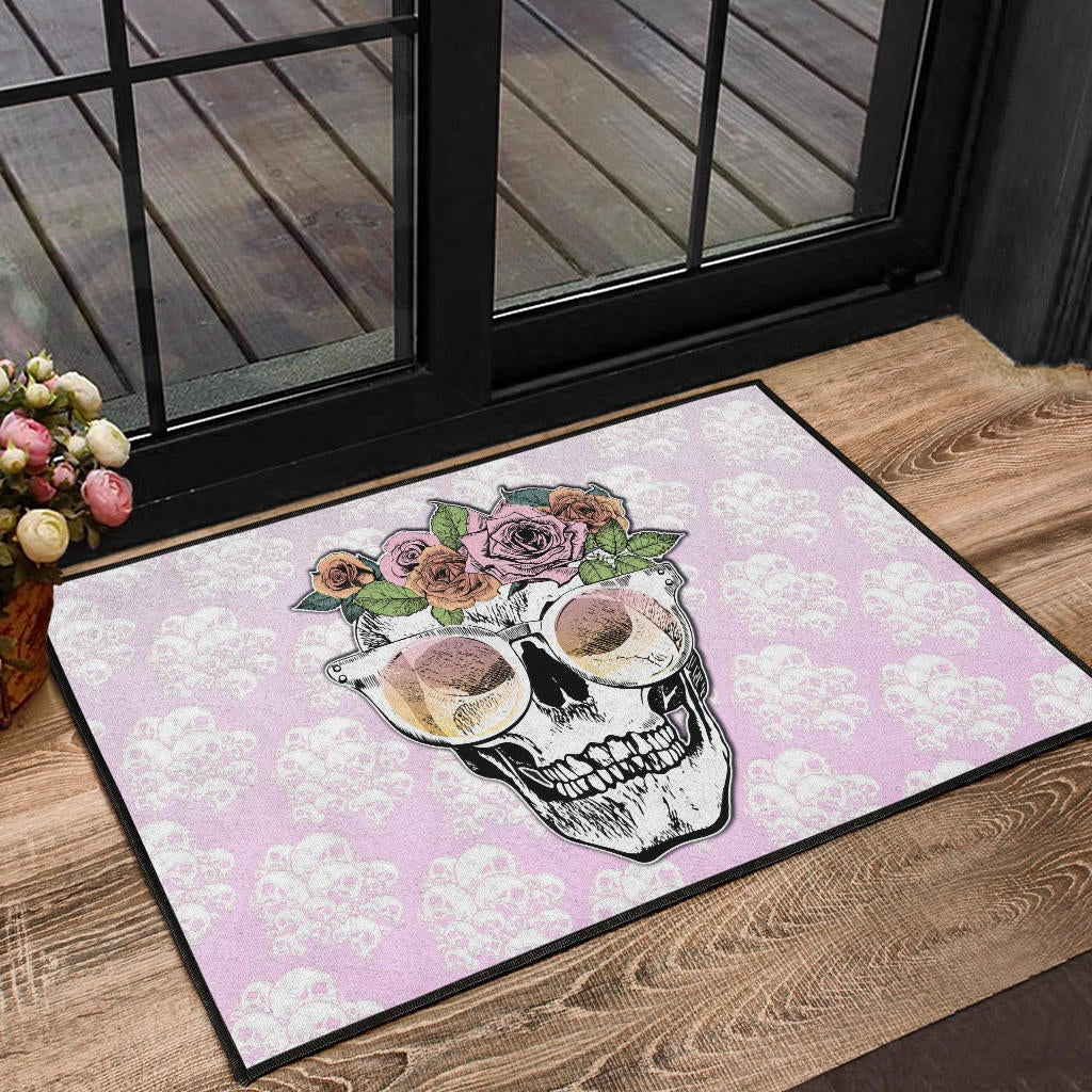 Valentine Door Mat - Skull Wearing Glasses And Flowers Crown Pink Door Mat Home Decor