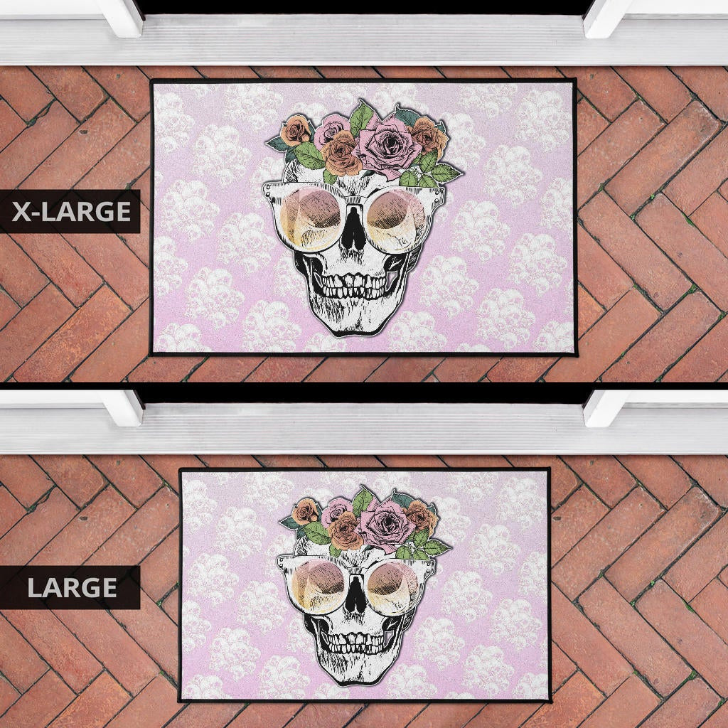 Valentine Door Mat - Skull Wearing Glasses And Flowers Crown Pink Door Mat Home Decor
