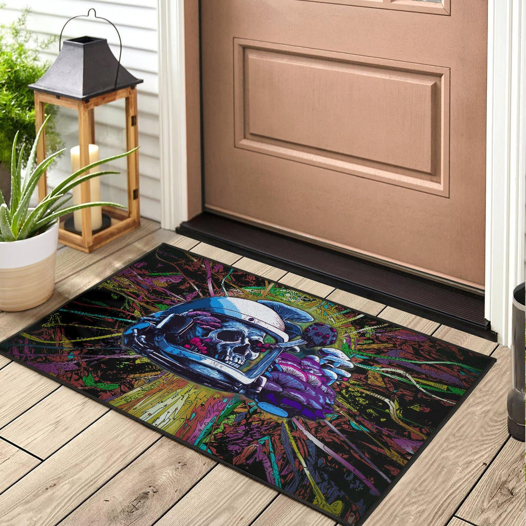 Skull Door Mat - Skull Wearing Helmet Moto Racing Door Mat